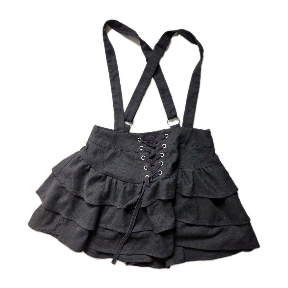 Thorn & Fable Black Ruffle Mini Suspender Skirt Lace Up Corset Goth Punk S EUC